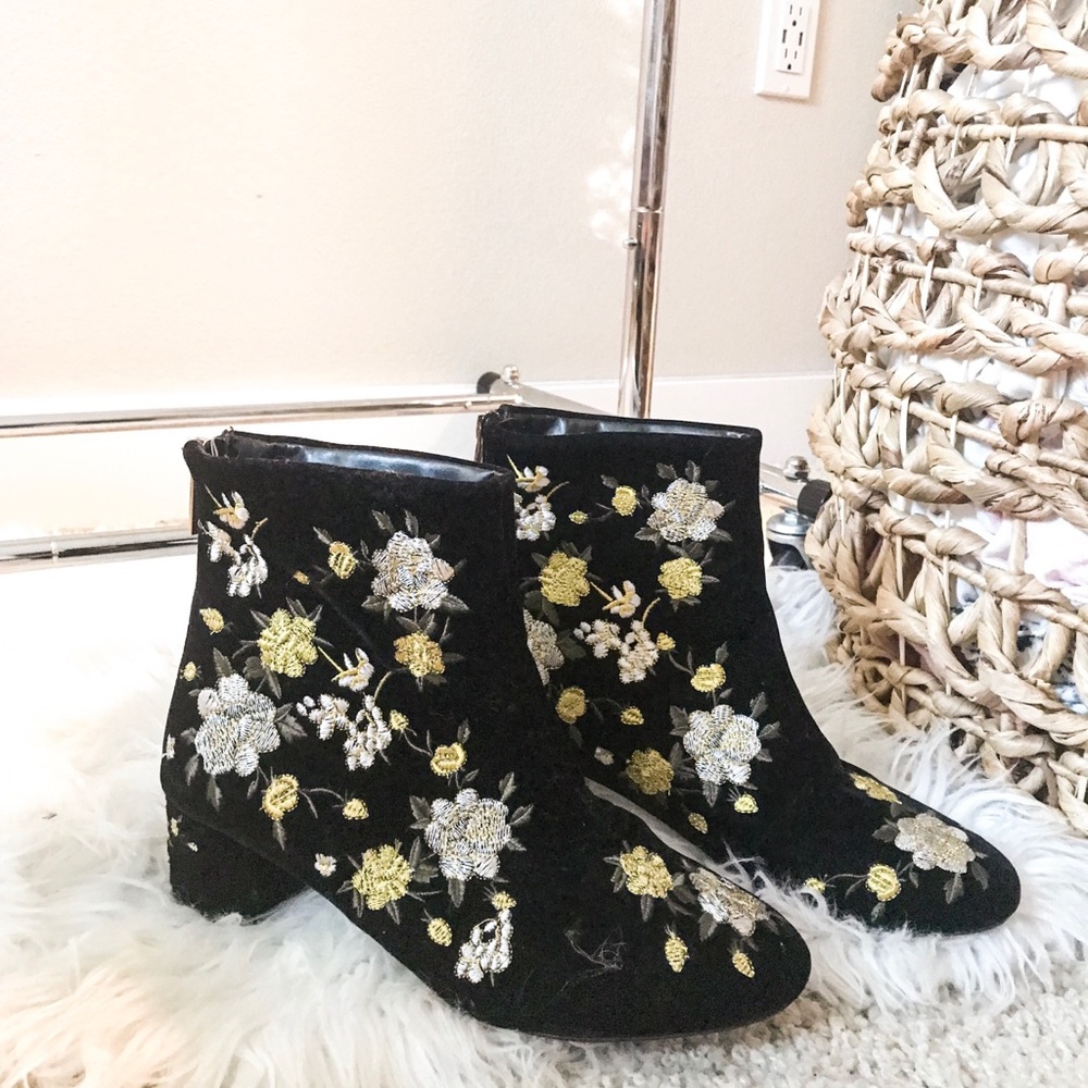 Topshop Velvet Embroidered Floral Booties